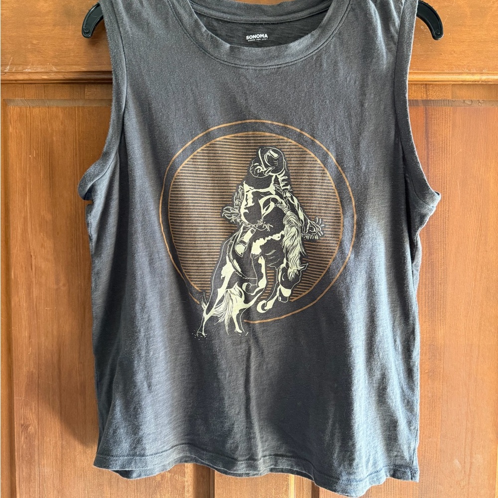 Sonoma Black Tank Top with Gold Rodeo Horse Graphic